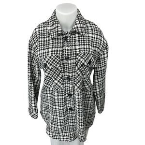 NEW Wat The Brand Black White Tweed Plaid Button Down Long Sleeve Coat Jacket XL